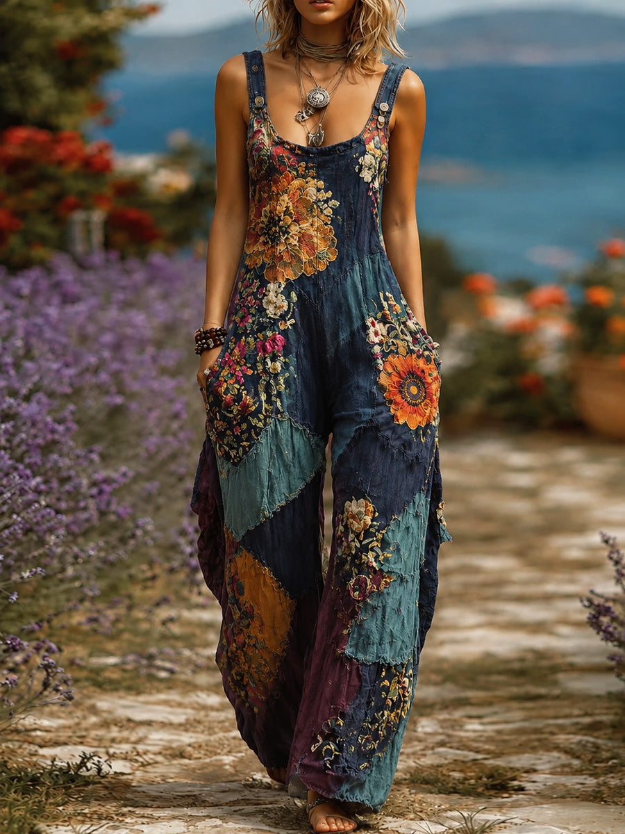 Women's Retro Style Art Print Washed Cotton Denim Patchwork Jumpsuit